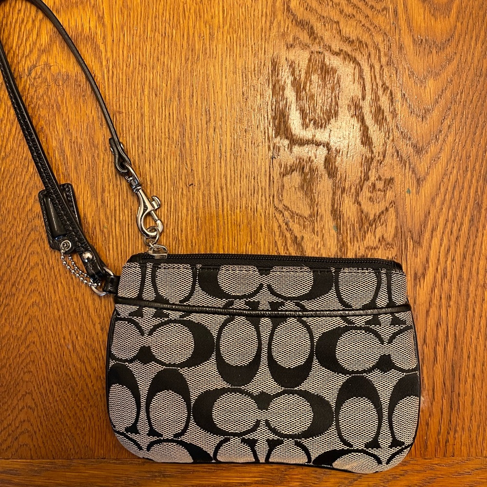 COACH Monogram Fabric Wristlet in Black/Grey